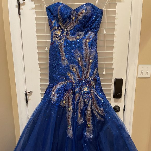 Blue Sequin Peacock Prom Dress - Picture 3 of 6